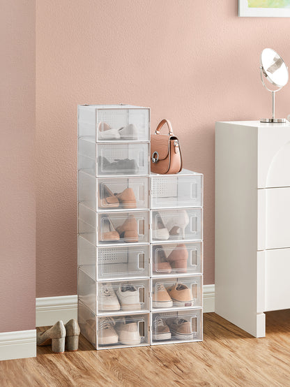 12 Stück Stapelbare Schuhboxen,Schuh-Organizer aus Kunststoff, Schuhaufbewahrungsschubladen, Aufbewahrungsboxen,faltbar und stapelbar, für Schuhe bis Größe 44