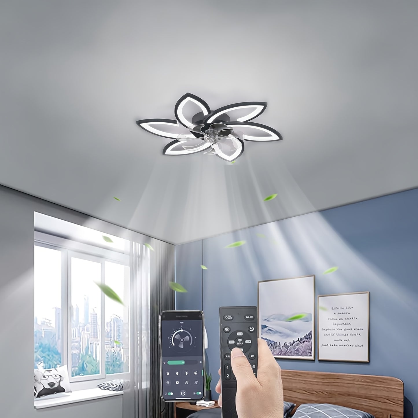 Leiser Deckenventilator mit Beleuchtung und Fernbedienung, dimmbarer LED-Ventilator Deckenleuchte, moderne Beleuchtung für Wohnzimmer Schlafzimmer, einstellbare 6 Geschwindigkeiten, Schwarz 78CM