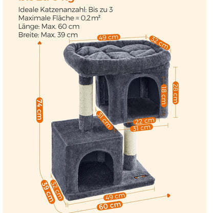 Katzenklettergerüst 74 cm hoch, Katzenbaum Kratzbaum, große Plattform, 2 Katzenhöhlen, Sisalstämme, Katzenhaus,Stabiles Und Langlebiges ,Einfache Montage