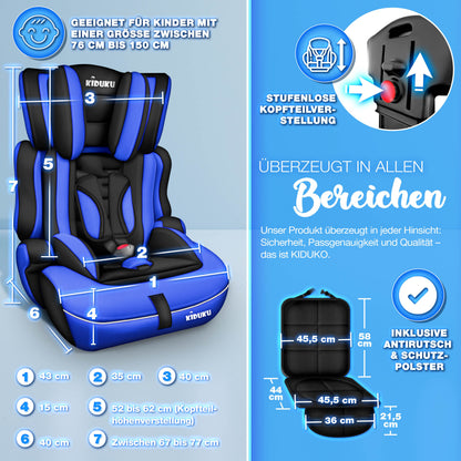 KIDUKU® Kindersitz Auto 9-36 kg (1-12 Jahre) mit Kindersitzunterlage - Autositz ECE R129/03, Gruppe 1/2/3 Autokindersitz 3-Punkt-Sicherheitsgurt Kinderautositz einstellbare Kopfstütze