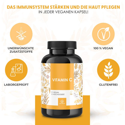 NATURALKRAFT® Premium Vitamin C 1000 mg pro Tagesdosis mit Sonnenblumenphospholipid Pulver und Hagebutten-Extrakt – 180 vegane Kapseln – Höhere Bioverfügbarkeit, Laborgeprüft und Ohne Zusätze