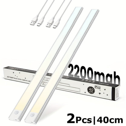 SETONR Slim LED Unterbauleuchten - Metallgehäuse, Wiederaufladbar, 450/600/2200/4400 mAh, Bewegungssensor, Dimmbar, Aufklebbar, Batteriebetriebene Küchenbeleuchtung für Schränke, Arbeitsplatten und Regale, bis zu 60 cm, Lange Akkulaufzeit verfügbar