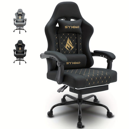 Gaming Stuhl mit Fußstütze, Ergonomischer Computer Gaming Stuhl, Verstellbarer Schwenkstuhl mit Lordosenstütze, PC Stuhl, Bürostuhl, Schwarz