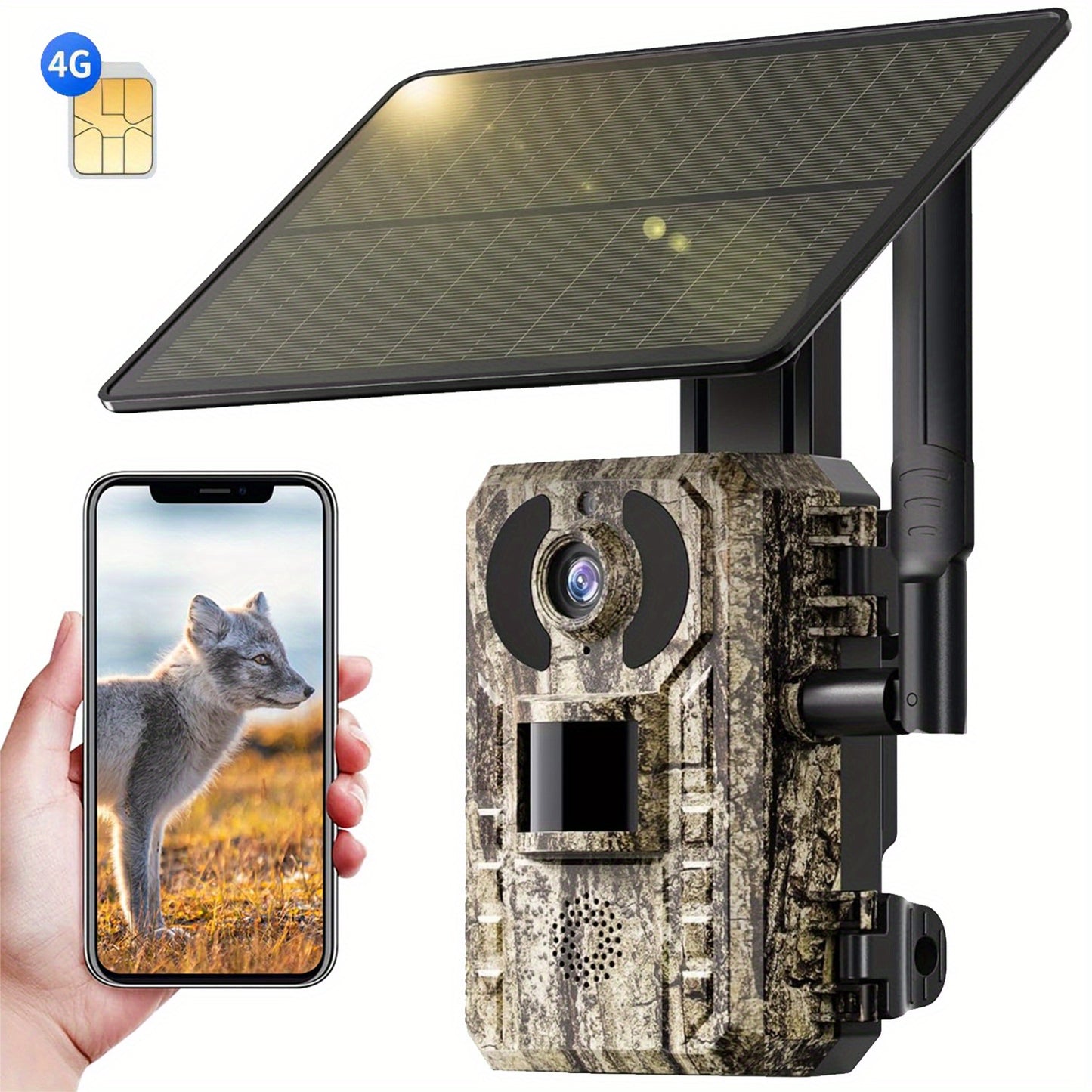 4G LTE Wildkamera mit SIM-Karte – Solarladung / 0,2s Extremalarm + Nachtsicht ohne Leuchten, Fernzugriff per Handy  Wiedergabe, 24/7 Überwachung, Kein WLAN erforderlich
