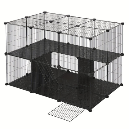 Außen-/Kaninchengehege geeignet für Meerschweinchen, Hamster, Katzen & Kleintiere – Robustes Drahtgitter-Gehege mit Bodeneinsätzen, geräumiger schwarz-weiß-grauer Rahmen, Zusammenbau – (105x70x70cm)