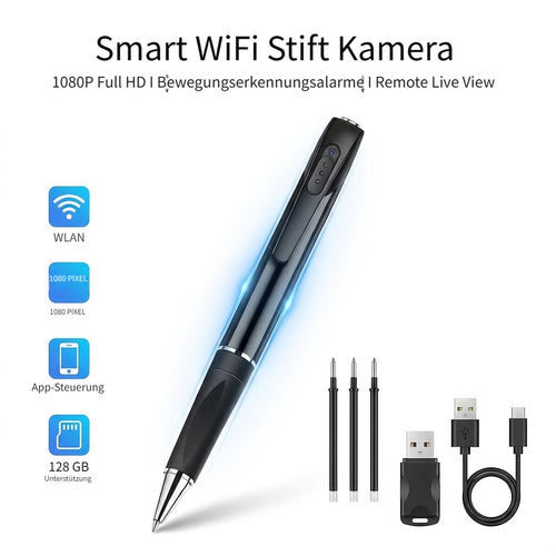 1 Stk. 1080P FHD Tragbare Stiftkamera mit KI-Erkennung, wiederaufladbarer Batterie, SD-Kartenunterstützung. Ein-Klick-Aufnahme und -Wiedergabe, APP-Ansicht, kompatibel mit Android- und iOS-Systemen für Meetings, Vorträge, Kurse