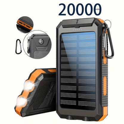 20000mAh Tragbare Solar Powerbank, Solar Handy Ladegerät, Camping Aufladegerät für Handys, 2 USB/ LED Taschenlampen mit Kompass für Outdoor Aktivitäten