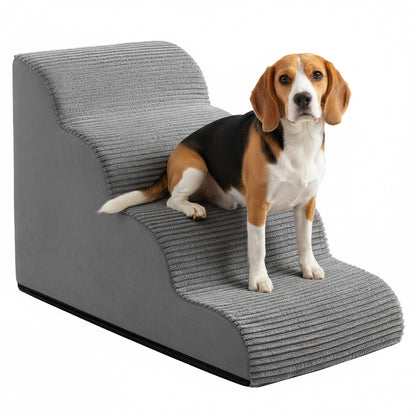 2/3/4 Stufen Hundetreppe/Haustiertreppe/Sofabett-Rampe,stufig-Haustiertreppe, Cord Querstreifen, rutschfest, abnehmbarer waschbarer Bezug, ist die geringe Steigung freundlich für kleine, ältere, verletzte oder kurzbeinige Haustiere, Taubengrau