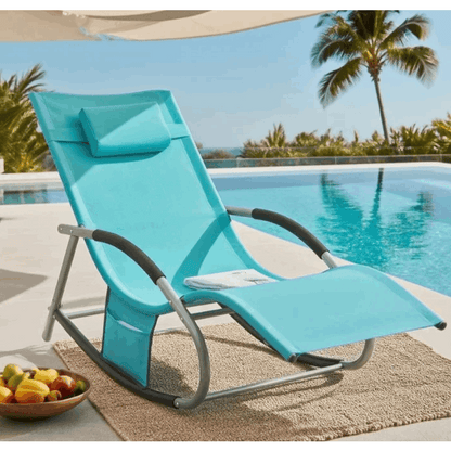 1 Stück Sonnenliege Gartenliege Relaxliege Schaukelliege Liegestuhl Outdoor mit Kopfkissen Ergonomische Liegefläche Wetterbeständiges Gewebe Metallgestell Seitentasche Bis 150 kg Terrasse Balkon Garten Camping 150x87x63cm