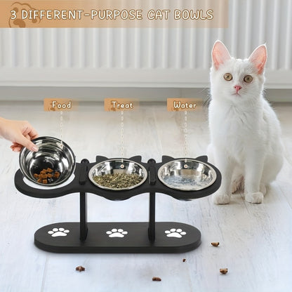 Erhöhtes Katzenfutternapf-Set mit 4 Edelstahlschalen - 15° geneigte Edelstahl-Katzenschale, höhenverstellbar mit schwarzem Ständer, ideales Geschenk für Tierbesitzer