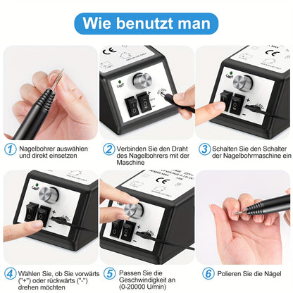 20000 U/min Tragbare Elektrische Nagelfräse mit 6 Fräsern  Schleifband, für Gel-Nägel, Maniküre & Pediküre Polieren Formen, Acrylnagel-Werkzeuge für Zuhause  Salon