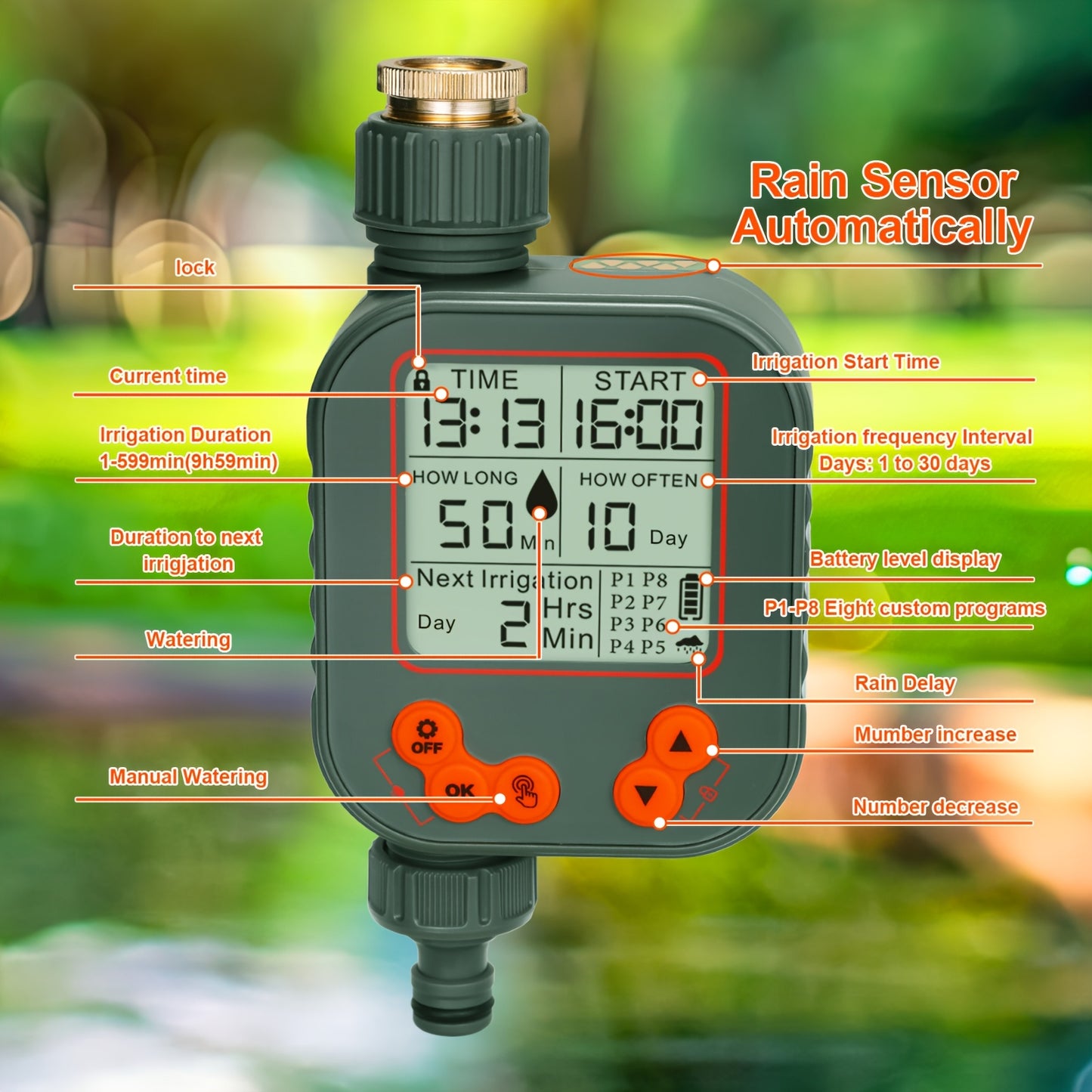 Automatische Bewässerungssteuerung, Intelligenter Bewässerungstimer, Zeitschaltuhr-Bewässerungssystem mit LCD-Display, Gartenbewässerungsgerät, 8 automatische Modi und manueller Modus, Regenverzögerung, ohne Batterien