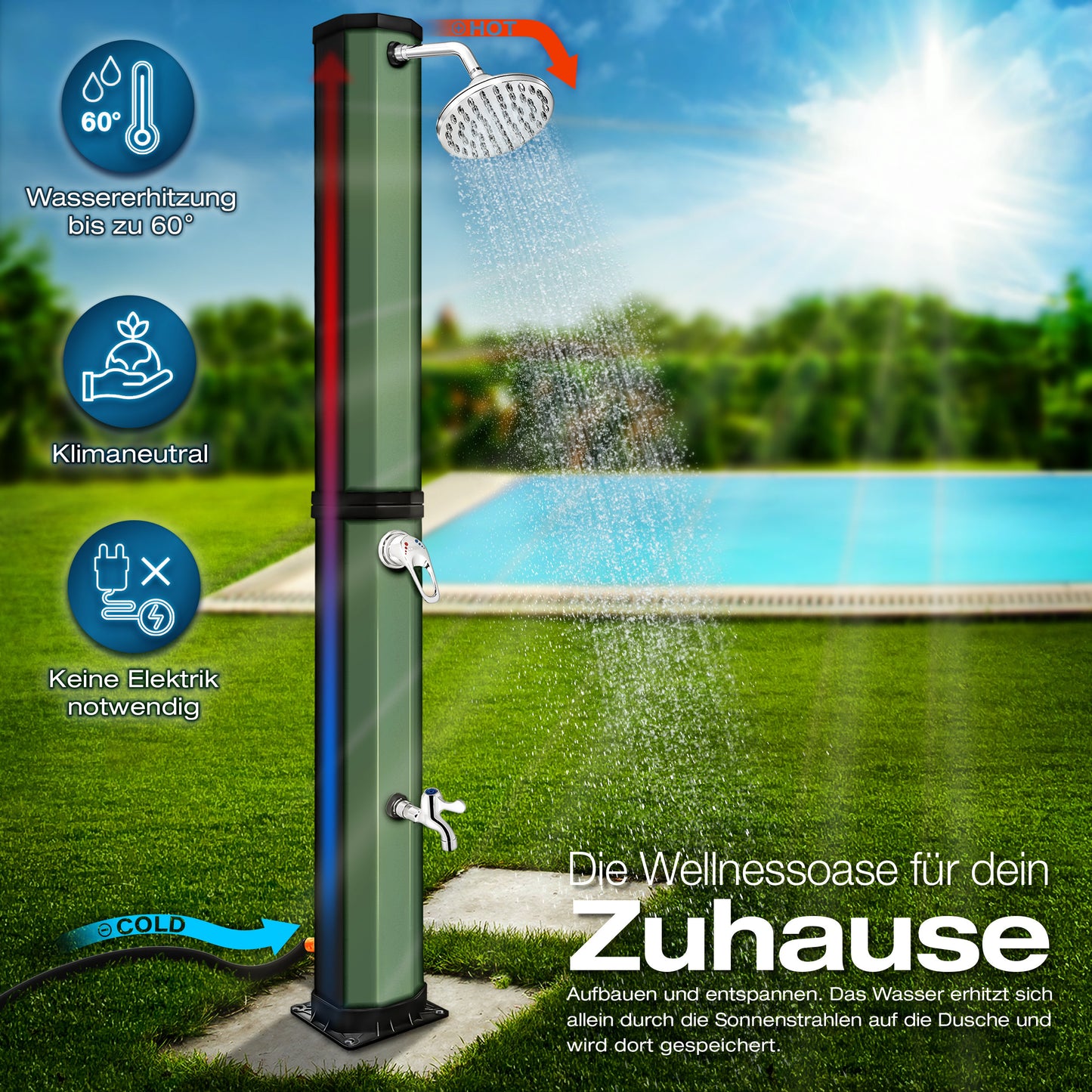 tillvex® Solardusche 20 - 60 Liter inkl. Abdeckung Solar Gartendusche Solar für draußen Pooldusche Komplettset warmes Wasser Camping ohne Stromanschluss mit Wasserhahn Gartenschlauch-Anschluss