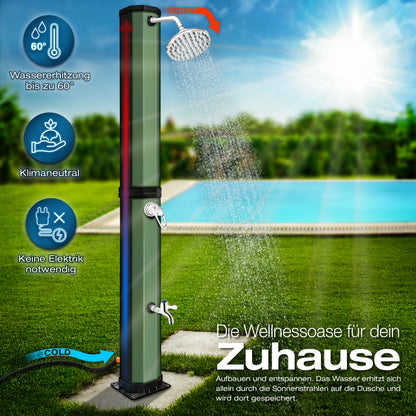tillvex® Solardusche 20 - 60 Liter inkl. Abdeckung Solar Gartendusche Solar für draußen Pooldusche Komplettset warmes Wasser Camping ohne Stromanschluss mit Wasserhahn Gartenschlauch-Anschluss