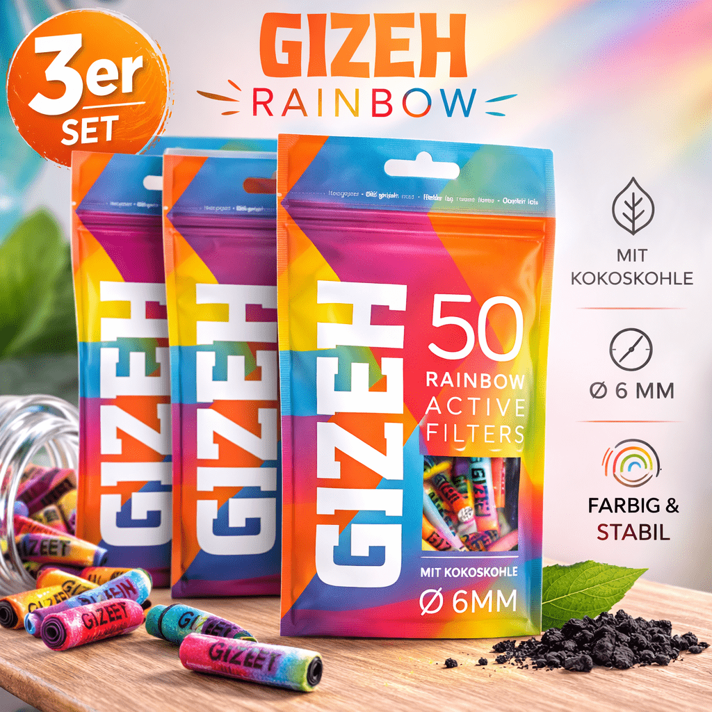 GIZEH Rainbow Aktivfilter Ø 6 mm – 3er Set (3 × 50 Filter) – Farbige Aktivkohlefilter mit Kokoskohle