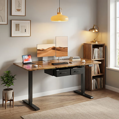 Furnishia Elektrischer Standeskreuzer mit Memory Smart Panel und 2 Schubladen, Höhenverstellbarer Schreibtisch mit Steckdosen, für Heim-Computerarbeitsplatz, Schreibstation und Schlafzimmer
