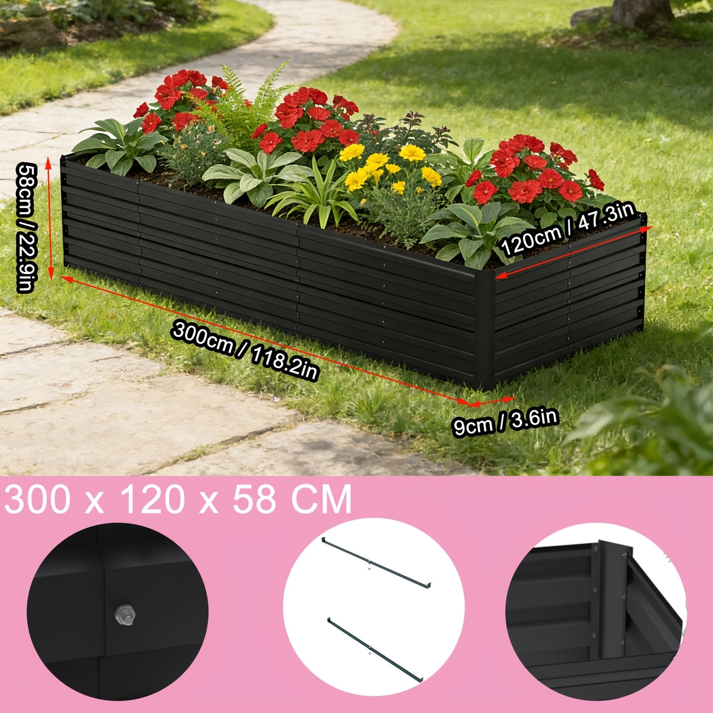 Hochbeet-Set – Pflanzkasten für Gemüse & Blumen im Freien – Rechteckiges Kräuterhochbeet für Garten, Terrasse – Grün/Schwarz/Silbrig – 4 Größen wählbar