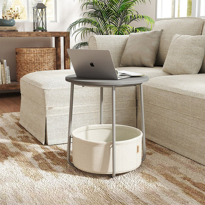 Couchtisch klein,Beistelltisch rund, kleiner Tisch, Wohnzimmertisch mit Stoffkorb, Stauraum für Wohnzimmer Schlafzimmer
