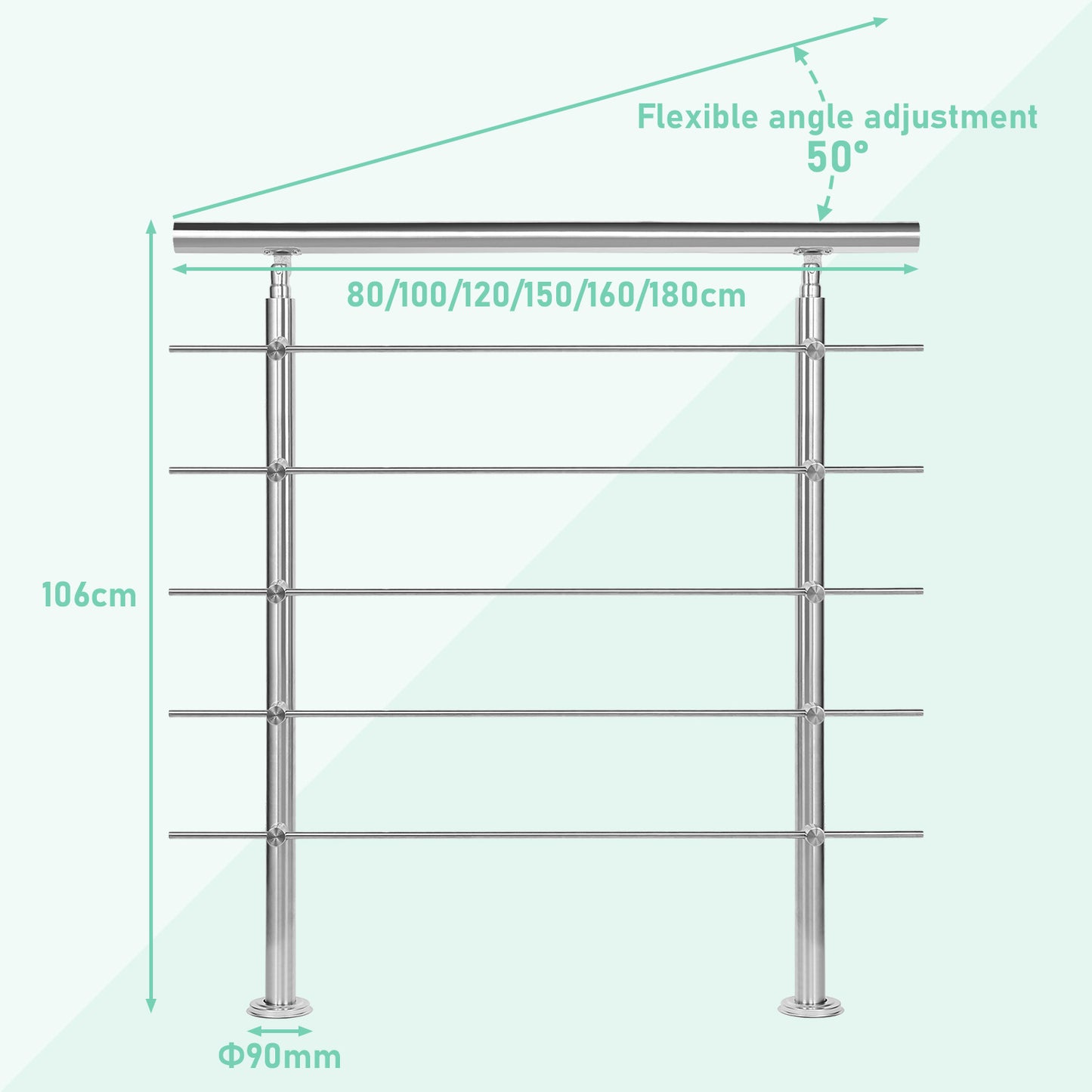 Treppengeländer aus Edelstahl für Treppen, Balkon, Terrasse, Garten, Balustrade, horizontale Stäbe, Treppengeländer, Handlauf, Halterung mit 0-5 Querstäben, oberflächenmontierte Treppe mit 2 Pfosten, Edelstahl Eingangsgeländer, Konstrukteursatz, Universal