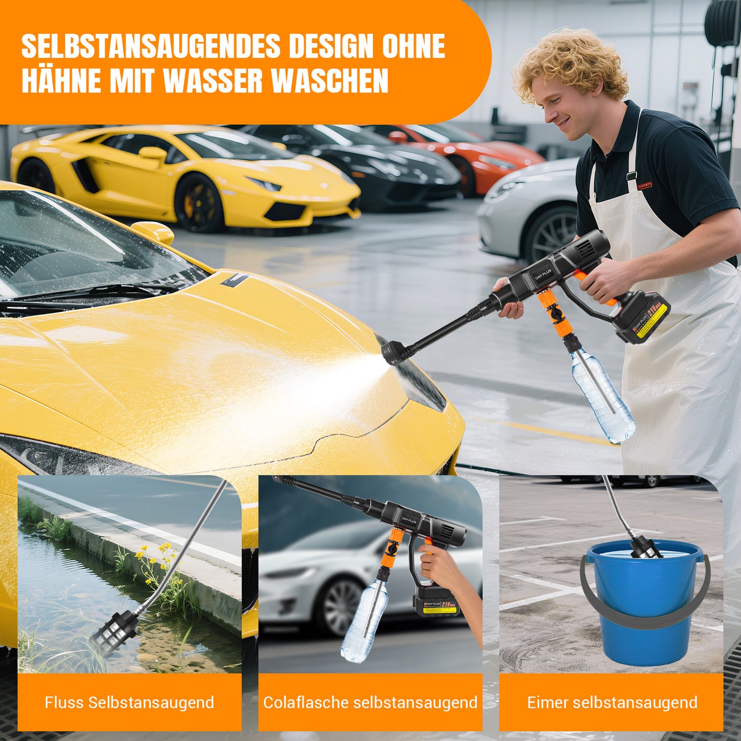 6-in-1 Kabellose Hochdruck-Wasserpistole, Auto Hochdruckreiniger Nettoyeur haute pression sans fil mit 21V / 300 Bar (3000 PSI), wahlweise mit 1 oder 2 x 3000mah Akku, 5m Schlauch.