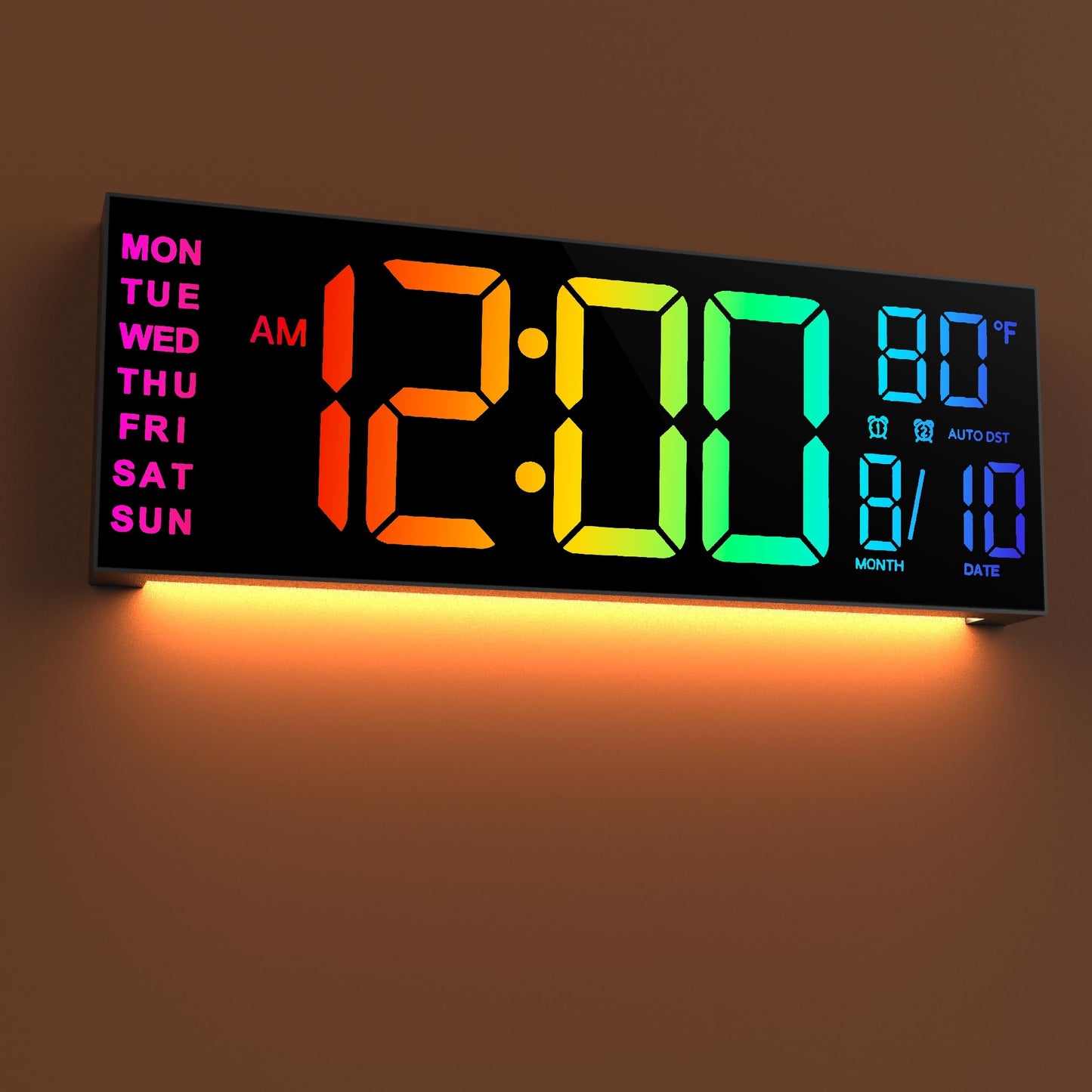 Große automatisch abblendende digitale Wanduhr mit Fernbedienung, 41,15 cm LED-Bildschirmanzeige, automatische Sommerzeit/Helligkeit, Timer, Doppelwecker, 8 RGB, Datum, Temperatur, Uhr für Wohnzimmer, Schlafzimmer, Fitnessstudio, Lager, Büro, Heimdekor, M