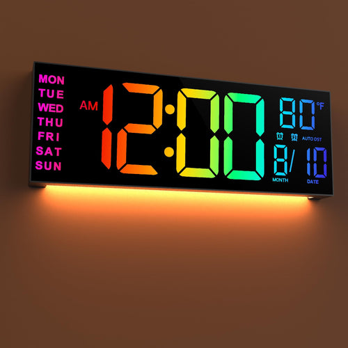 Große automatisch abblendende digitale Wanduhr mit Fernbedienung, 41,15 cm LED-Bildschirmanzeige, automatische Sommerzeit/Helligkeit, Timer, Doppelwecker, 8 RGB, Datum, Temperatur, Uhr für Wohnzimmer, Schlafzimmer, Fitnessstudio, Lager, Büro, Heimdekor, M