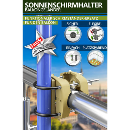 Lindenstein Sonnenschirmhalter Balkongeländer – Funktionale Sonnenschirm Halterung Balkon, Schirmhalterung Balkongeländer ersetzt Sonnenschirmständer Balkon – Flexibel montierbar (Anthrazit/Schwarz/Taupe/Sandbraun)