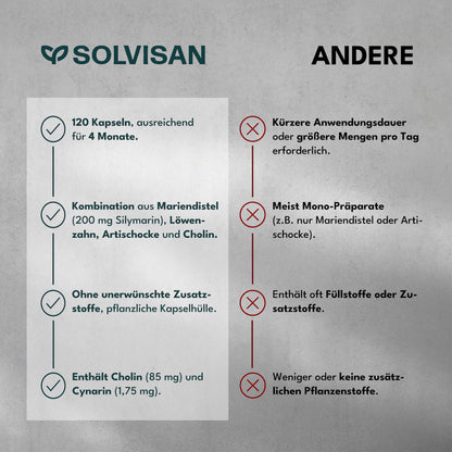 SOLVISAN LEBER VITAL – 4-fach Komplex mit Cholin für eine gesunde Leber. Mit hochwertigem Mariendistel-Extrakt (80 % Silymarin), Artischocken, Löwenzahn und Cholin. 120 Kapseln (4 Monate)