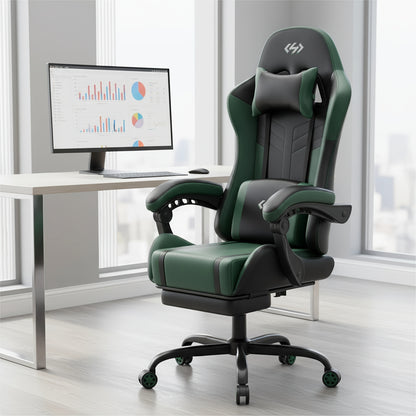 Gaming Stuhl mit integrierter Lendenwirbelmassage, ergonomisches Design, verstellbare Lendenwirbelstütze und Kopfstütze, 360 Grad drehbarer Computerstuhl, Liegestuhl, Bürostuhl für lange Gaming-/Arbeitszeiten
