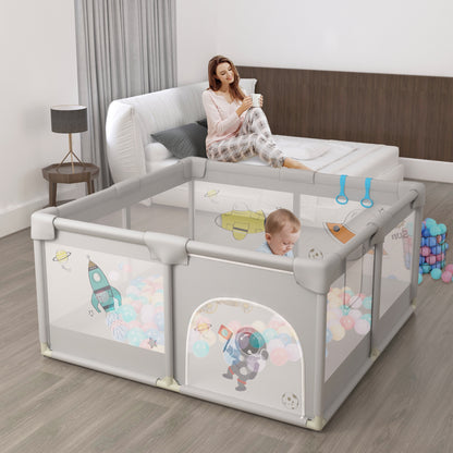 Baby-Laufstall mit rutschfester Basis  Netz für Kinder drinnen  draußen, grauer Astronauten-Druck