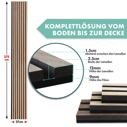 CASA PURA Akustikpaneele – Hochwertige Wandpaneele aus Echtholzfurnier mit Lamellenstruktur – Wandverkleidung mit Schallschutzfunktion zur Verbesserung der Raumakustik – Moderne Holzoptik & Filzrückseite