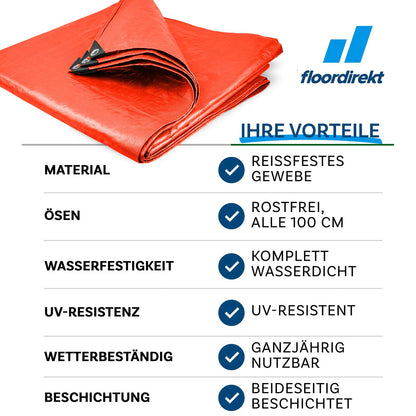 FLOORDIREKT Abdeckplane 140 g/m² - Reißfeste Schutzplane für jedes Wetter - mit Ösen - Wetterfest & Wasserdicht - für Garten, Camping, Bau & Outdoor - in 9 Farben & 12 Größen Erhältlich