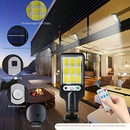 4er-Set Solarleuchten für den Außenbereich, 108 COB Solar Wandleuchten, 3 Beleuchtungsmodi, Bewegungssensor Licht, kabellose Solar Sicherheitsleuchten mit Fernbedienung für Garten, Wand, Terrasse, Wegbeleuchtung, 2/4/6 Stück
