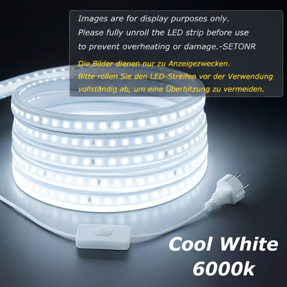 Superhelle AC 220V 230V LED Streifen Lichter | 120 LEDs/m LED Band Klebeband, LED Tape für Außenbereich, Weiß oder Warmweiß für Küche, Garten, Heim Raum Dekoration, Innenbeleuchtung mit EU Stecker | Marke: SETONR, Nicht ferngesteuert