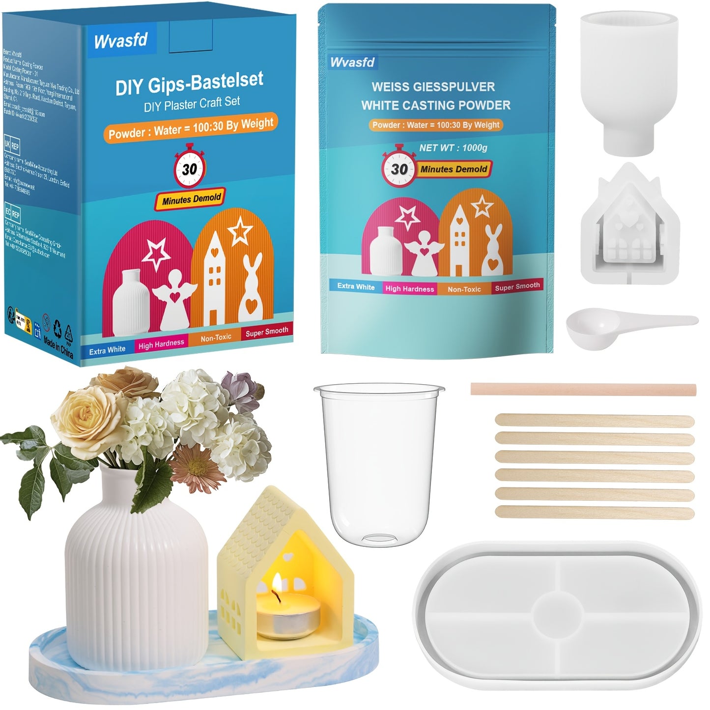 Harzgießpulver-Starterset, 1000g Gießpulver, inklusive 3/4 Formen, wasseraktiviertes Gips-Gießset, geeignet für Anfänger, DIY-Heimkunst