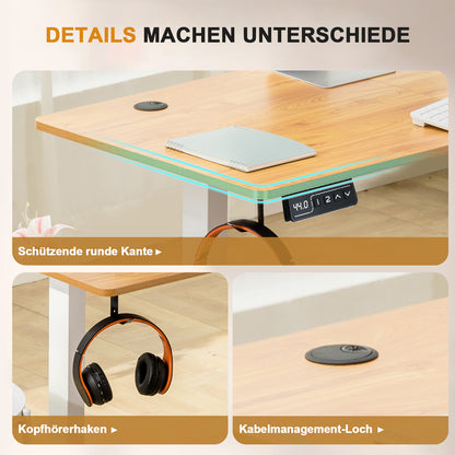 Höhenverstellbarer Schreibtisch mit USB-Buchse und Haken, Elektrisch Verstellbarer Computertisch, Steh-Sitztisch Stehpult Stehschreibtisch