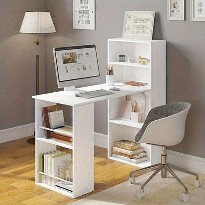 1 Stück 120 cm Computerschreibtisch, Familienschreibtisch mit Bücherregal, Ablagefach, Schreibtisch, Moderner Schreibtisch, Computertisch, Neigbar, Weiß, Heller Holzlook, 122 x 55 x 120 cm