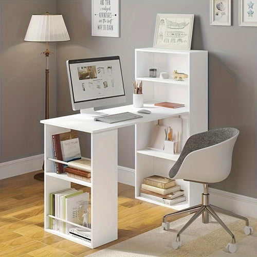 1 Stück 120 cm Computerschreibtisch, Familienschreibtisch mit Bücherregal, Ablagefach, Schreibtisch, Moderner Schreibtisch, Computertisch, Neigbar, Weiß, Heller Holzlook, 122 x 55 x 120 cm