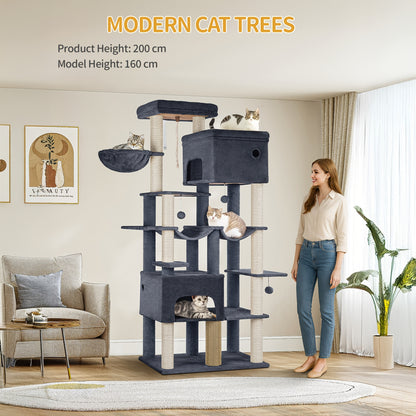 Kratzbaum, 200cm XXL Kratzbaum mit 10 Krallensäulen, 2 Höhlen, 2 Hängematten, großer Plattform, Katzenbürsten, Korb, schwerer Baum für Maine Coon  Großkatzen, Hellgrau/Dunkelgrau/Beige