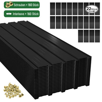 Verzinkte hochbelastbare Stahlwellbleche – 22 schwarze Trapezdachplatten (108x42,6cm, 0,25mm, 10,12m²), komplett mit Schrauben und Nägeln. Einfache Installation, vorübergehend abnehmbar für Außenkonstruktionen/Schuppen/Zäune/Wandverkleidungen.