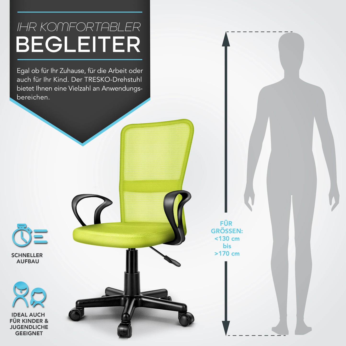 TRESKO® Bürostuhl mit Armlehnen stufenlos höhenverstellbar | Drehstuhl aus atmungsaktivem Mesh | Schreibtischstuhl mit Kunststoff-Leichtlaufrollen, gepolsterte Sitzfläche, ergonomische Passform | Computerstuhl ideal für Home-Office, Jugendzimmer, Büro
