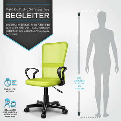 TRESKO® Bürostuhl mit Armlehnen stufenlos höhenverstellbar | Drehstuhl aus atmungsaktivem Mesh | Schreibtischstuhl mit Kunststoff-Leichtlaufrollen, gepolsterte Sitzfläche, ergonomische Passform | Computerstuhl ideal für Home-Office, Jugendzimmer, Büro
