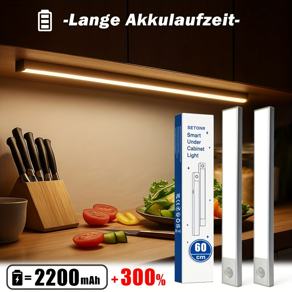 Setonr LED-Unterschrankleuchten mit Gehäuse aus Aluminiumlegierung, wiederaufladbare batteriebetriebene Bewegungsmelderleuchte für den Innenbereich, magnetische dimmbare Schrankleuchten, drahtlose Unterbaubeleuchtung für Küche, Treppen, Schlafzimmer, Wohn