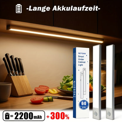 Setonr LED-Unterschrankleuchten mit Gehäuse aus Aluminiumlegierung, wiederaufladbare batteriebetriebene Bewegungsmelderleuchte für den Innenbereich, magnetische dimmbare Schrankleuchten, drahtlose Unterbaubeleuchtung für Küche, Treppen, Schlafzimmer, Wohn