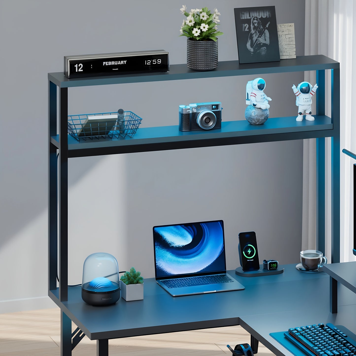 Neuer L-förmiger Gaming-Schreibtisch mit Steckdosen & LED-Beleuchtung, 59/67 Zoll umkehrbarer L-förmiger Computerecktisch mit Ablage & Monitorständer - Modernes Design fürs Homeoffice, Weihnachtsgeschenke
