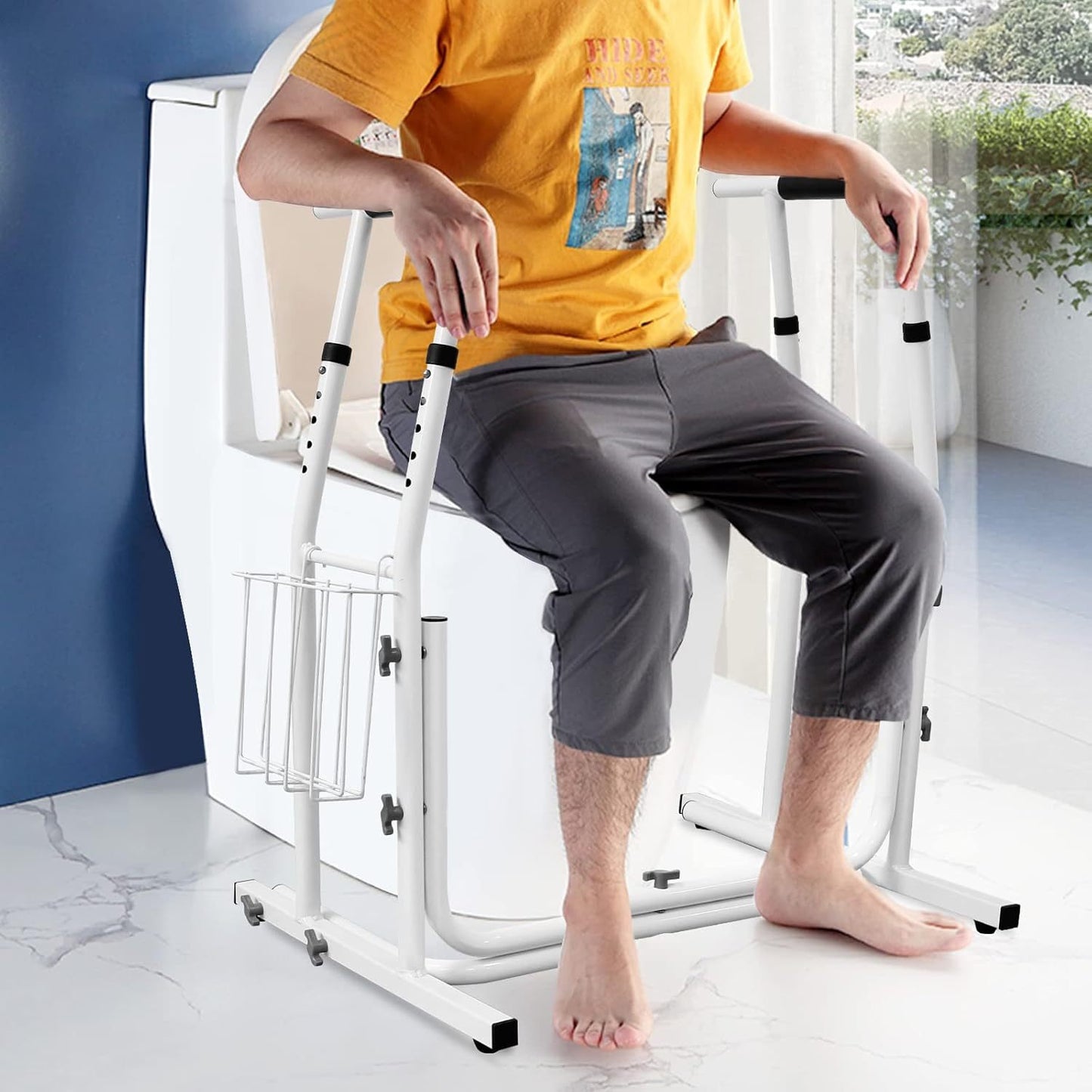Mobile Toiletten-Stützvorrichtung, Toilettengestell mit Aufbewahrungskorb, 69-79 cm höhenverstellbarer Toilettenstützrahmen, maximale Belastung 200 kg, Toilettenstützrahmen für Senioren, Schwangere