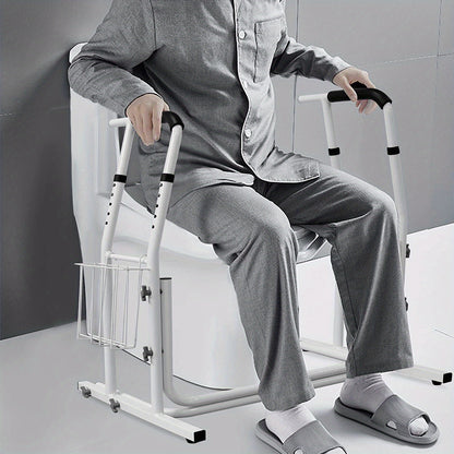 Mobile Toiletten-Stützvorrichtung, Toilettengestell mit Aufbewahrungskorb, 69-79 cm höhenverstellbarer Toilettenstützrahmen, maximale Belastung 200 kg, Toilettenstützrahmen für Senioren, Schwangere
