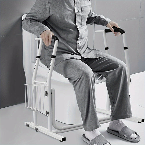 Mobile Toiletten-Stützvorrichtung, Toilettengestell mit Aufbewahrungskorb, 69-79 cm höhenverstellbarer Toilettenstützrahmen, maximale Belastung 200 kg, Toilettenstützrahmen für Senioren, Schwangere