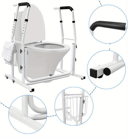 Mobile Toiletten-Stützvorrichtung, Toilettengestell mit Aufbewahrungskorb, 69-79 cm höhenverstellbarer Toilettenstützrahmen, maximale Belastung 200 kg, Toilettenstützrahmen für Senioren, Schwangere