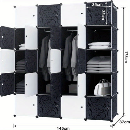 Kleiderschrank, 20 Würfelregale, Kleiderständer aus PP-Kunststoff, tragbarer Kleiderschrank mit 2 Kleiderstangen für Kleidung, Bücher, Spielzeug, 145 x 178 x 37 cm